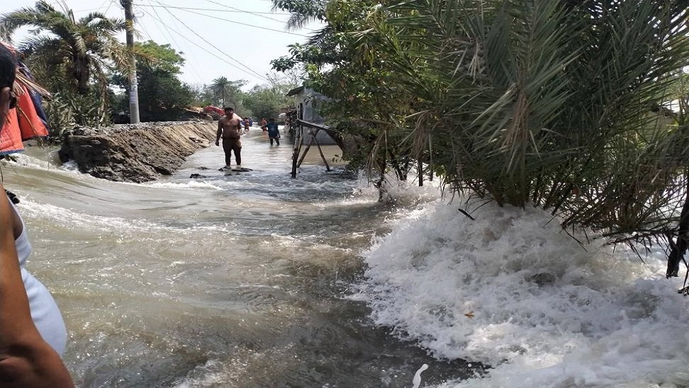 আশাশুনি সদর ইউনিয়নের খোলপেটুয়া নদীর পানি উন্নয়ন বোর্ডের রিং বাঁধ ভেঙে দোয়ারঘাট ও জেলেখালিসহ চারটি গ্রাম প্লাবিত হয়েছে। ছবি: সংগৃহীত 